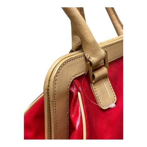 Trina Turk Red Tan Leather Canvas Tote Bag Top Preppy Casual Classic - Picture 5 of 16